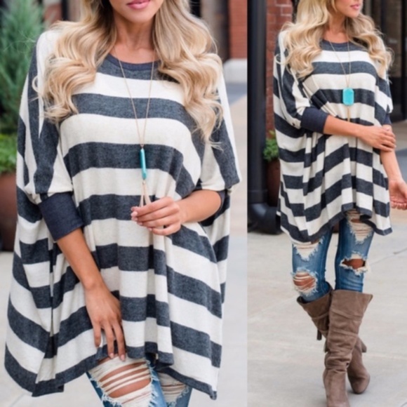 #19 Cozy Striped Oversized Dolman Sleeve Top - Picture 2 of 5